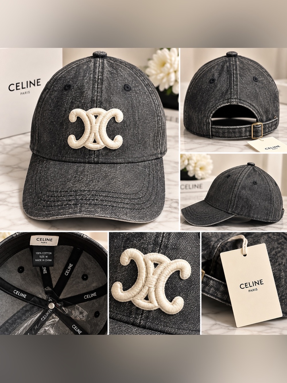 Celine Black Washed Cotton Baseball Cap with Cream Triomphe Patch